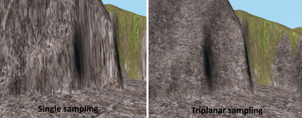 Screenshot of triplanar mapping VS no triplanar